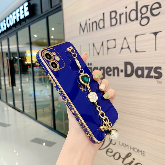 Dteck Luxury Plating Soft TPU Case with Love Heart Gemstone Chain Bracelet Strap Shiny Cute Protective Cover for Women Grils For iPhone 12 Pro Max,Blue