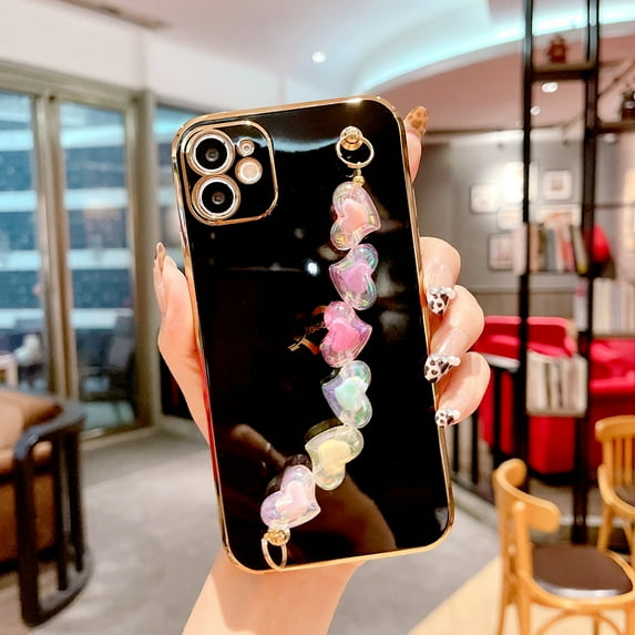 Dteck Luxury Plating Soft TPU Case for iPhone XR with Love Heart Crystal Stone Chain Bracelet Strap Shiny Cute Protective Cover for Women Grils For iPhone XR,Black