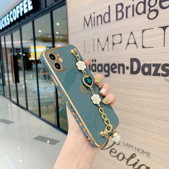 Dteck Luxury Plating Soft TPU Case with Love Heart Gemstone Chain Bracelet Strap Shiny Cute Protective Cover for Women Grils For iPhone 13,Gray
