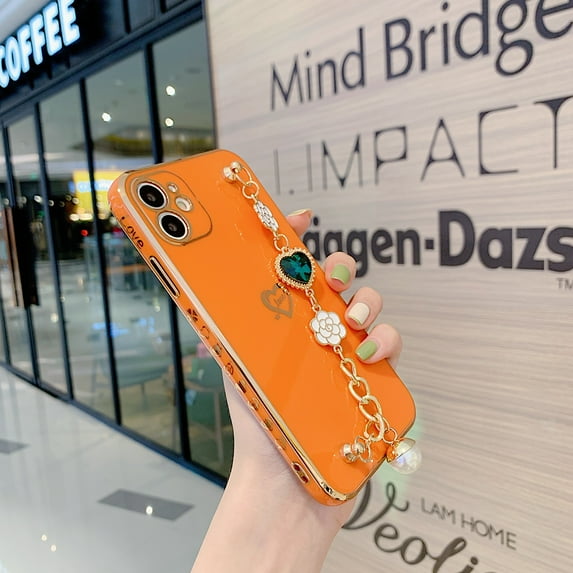 Dteck Luxury Plating Soft TPU Case with Love Heart Gemstone Chain Bracelet Strap Shiny Cute Protective Cover for Women Grils For iPhone 13,Orange