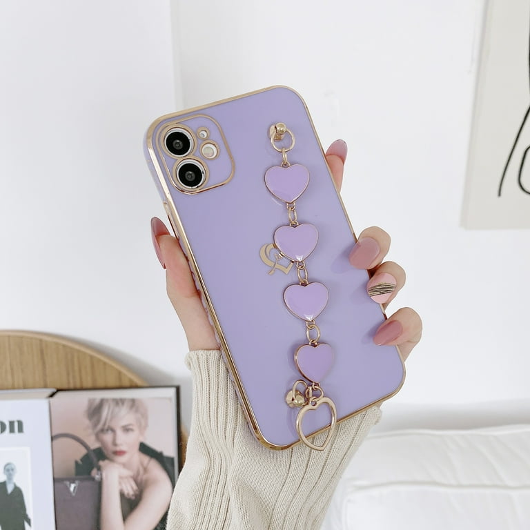 Dteck Luxury iPhone 11 Pro Max Cute Case for Women Sparkle Plating Heart Case with Chain Strap Camera Lens Protective Girly Case For iPhone 11 Pro Max Purple Walmart