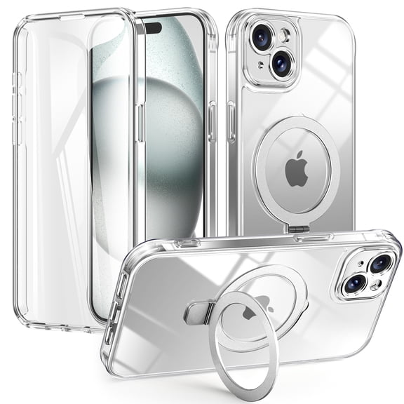 Dteck MagSafe Clear Case for iPhone 15 with Screen Protector, Shockproof Adjustable Kickstand Transparent Back Protective Phone Cover, Clear