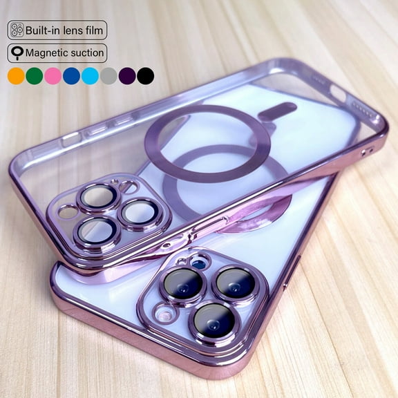 Dteck MagSafe Compatible Clear Magnetic Case for iPhone 14 Pro Max, Slim Plating Bumper Ultra Transparent Soft Cover with Glass Camera Lens Protector,Purple