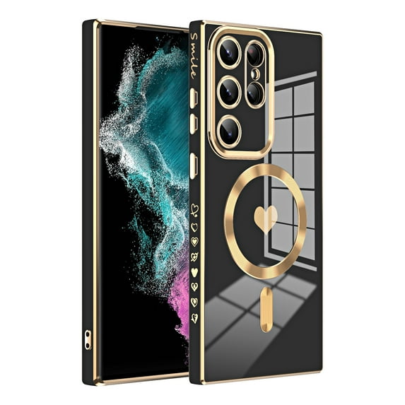Dteck MagSafe Compatible Samsung Galaxy S23 Ultra Case Magnetic Cute Luxury Plating Electroplated LOVE for Women Girls Soft TPU Shockproof Camera Protective Phone Cover,Black Love Heart