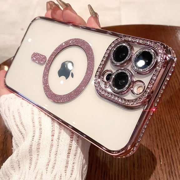 Dteck MagSafe Compatible iPhone 12 Pro Max Glitter Plating Case with Diamond Camera Lens Protector, Cute Luxury Bling Rhinestones Soft Clear Transparent Magnetic Case for iPhone 12 Pro Max,Rosegold