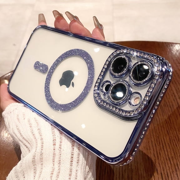 Dteck MagSafe Compatible iPhone 13 Pro Glitter Plating Case with Diamond Camera Lens Protector, Cute Luxury Bling Rhinestones Soft Clear Transparent TPU Magnetic Case for iPhone 13 Pro,Blue