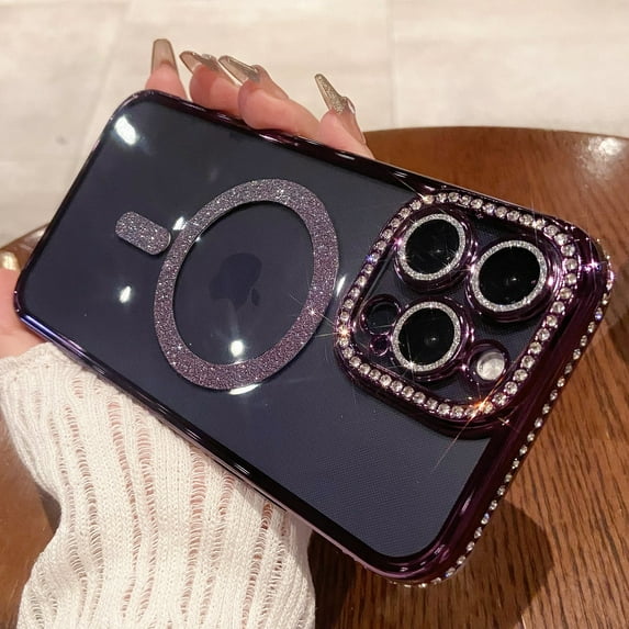 Dteck MagSafe Compatible iPhone 14 Glitter Plating Case with Diamond Camera Lens Protector, Cute Luxury Bling Rhinestones Soft Clear Transparent TPU Magnetic Case for iPhone 14,Purple
