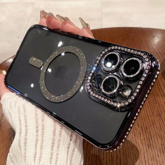 Dteck MagSafe Compatible iPhone 14 Glitter Plating Case with Diamond Camera Lens Protector, Cute Luxury Bling Rhinestones Soft Clear Transparent TPU Magnetic Case for iPhone 14,Black