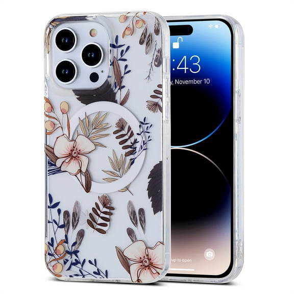 Dteck MagSafe Compatible iPhone 14 Pro Case Crystal Clear Flower PC Back Magnetic Cover Soft TPU Edges Slim Shockproof Silicone Floral Pattern for Girls Woman,Pink Flower