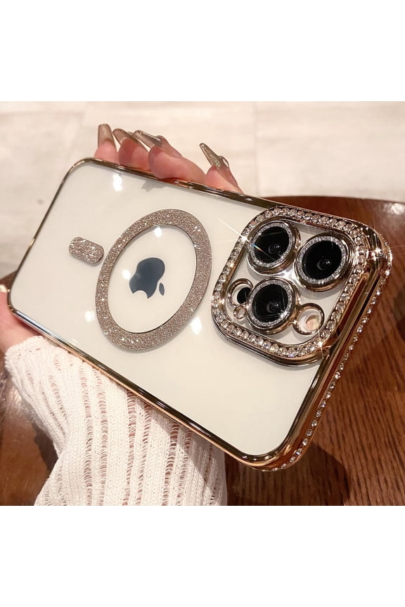 MagSafe Compatible iPhone 14 Pro Max Glitter Plating Case with Diamond Camera Lens Protector, Cute Luxury Bling Rhinestones Soft Clear Transparent TPU Magnetic Case for iPhone 14 Pro Max,Gold