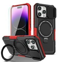 Dteck MagSafe Compatible iPhone 15 Pro Case with Invisible Magnetic Stand, Military Grade Drop Protection Heavy Duty Shockproof Bumper Protective Case with Slide Lens Cover,Black   Red