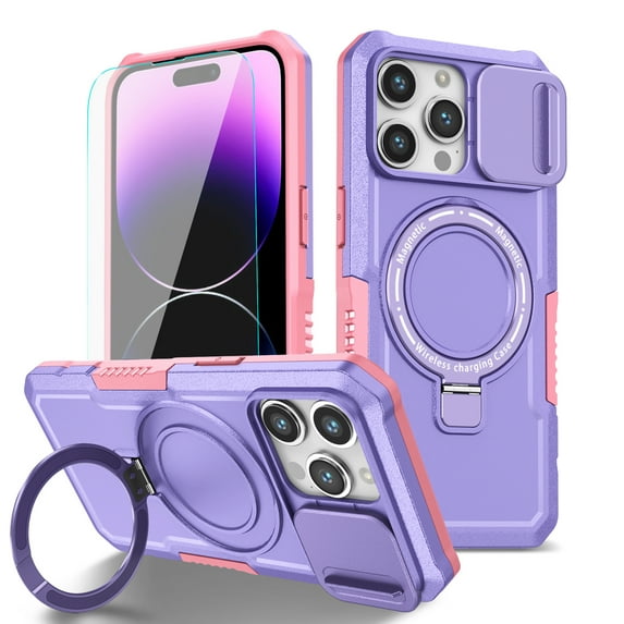 Dteck MagSafe Compatible iPhone 15 Pro Case with Invisible Magnetic Stand, Military Grade Drop Protection Heavy Duty Shockproof Bumper Protective Case with Slide Lens Cover,Purple