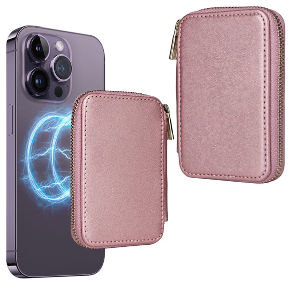 Dteck for MagSafe Wallet, Strong Magnetic Wallet for iPhone 15/14/13/12 Series,Magnetic Card Holder Wallet with Zipper Pocket for iPhone Wallet MagSafe with 4 Card Slots RFID Blocking, Rosegold