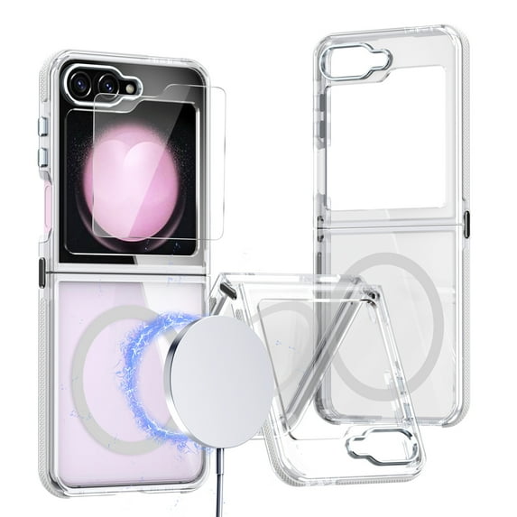 Dteck Magenetic for Samsung Galaxy Z Flip 6 Case Clear Compatible with MagSafe Wirelss Charging, Z Flip 6 Phone Case with Screen Protector, Ultra Slim Bicolor TPU Bumper Hard PC Z Flip6 Cover,White