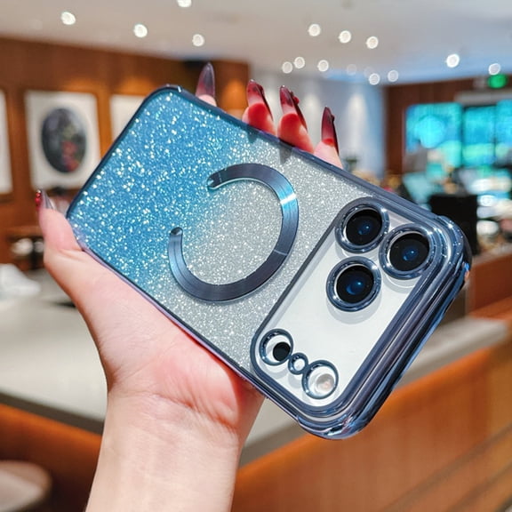 Dteck Magnetic 2-in-1 Sparkle Bling Glitter Paper Phone Case for iPhone 17 Pro Max, Shockproof Clear Back TPU Rubber Cover, Blue