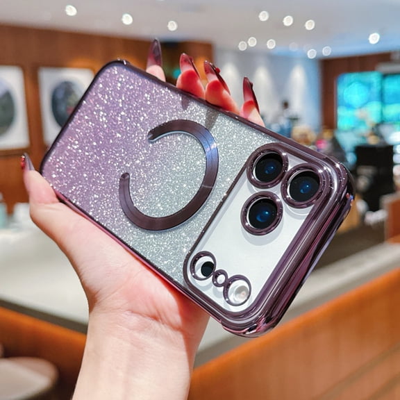 Dteck Magnetic 2-in-1 Sparkle Bling Glitter Paper Phone Case for iPhone 17 Pro, Shockproof Clear Back TPU Rubber Cover, Darkpurple