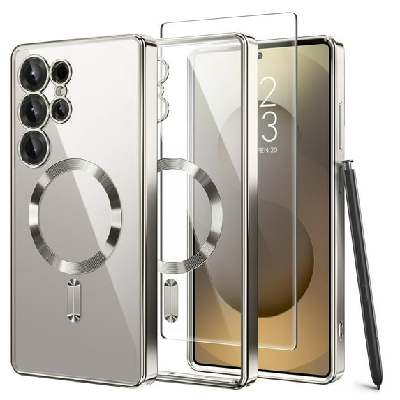 Dteck Magnetic Case Compatible with Samsung Galaxy S25+,Compatible with MagSafe Full Camera Protection Screen Protector Shockproof Plating TPU Clear Phone Cover for Galaxy S25 Plus,Silver