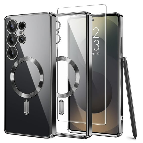 Dteck Magnetic Case Compatible with Samsung Galaxy S25 Ultra,Compatible with MagSafe Full Camera Protection Screen Protector Shockproof Plating TPU Clear Phone Cover for Galaxy S25 Ultra,Black