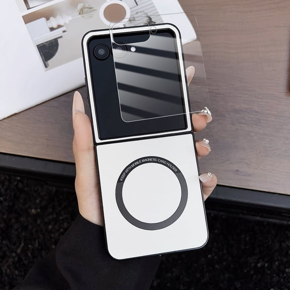 Dteck Magnetic Case with Front Screen Protector for Motorola Razr 2025/2024,Slim Leather + PC Case Compatible with Mag Safe Back Cover for Motorola Razr 2025/Motorola Razr 2024,White
