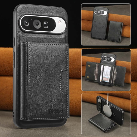 Dteck Magnetic Case for Google Pixel 10 /10 Pro, Shockproof PU Leather Wallet Multifunctional Case Detachable Large Capacity Card Slot Phone Cover, Black