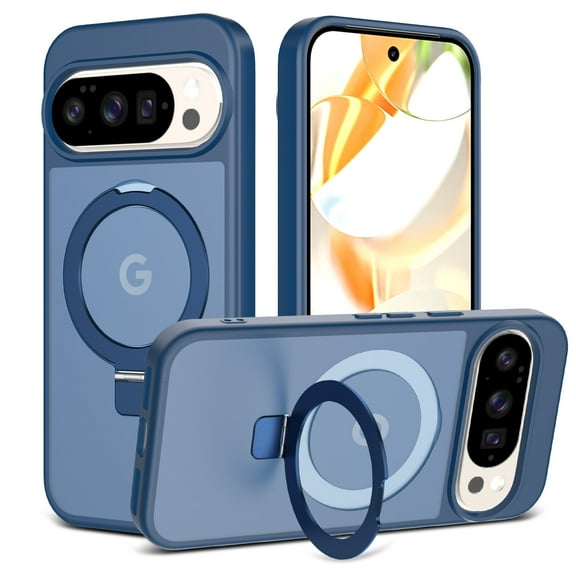 Dteck Magnetic Case for Google Pixel 9 / 9 Pro,Shockproof Matte Translucent PC Case Compatible with Mag Safe Ring Holder Kickstand Silicone Bumper Cover for Google Pixel 9 / 9 Pro,Blue