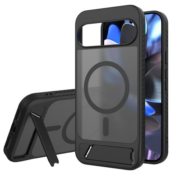 Dteck Magnetic Case for Google Pixel 9 Pro XL,Shockproof TPU+PC Anti-Slip Compatible with Mag Safe Case Adjustable Kickstand Frosted Translucent Matte Phone Cover,Black
