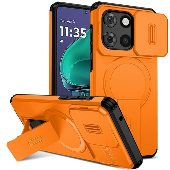 Dteck Magnetic Case for Motorola Moto G Stylus 5G 2025,Shockproof TPU+PC Case Compatible with Mag Safe with Sliding Camera Lens Protection Kickstand Cover for Moto G Stylus 5G 2025,Orange
