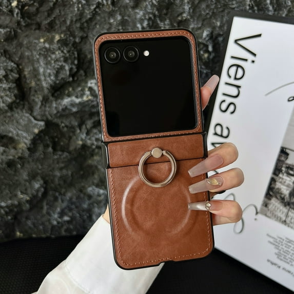 Dteck Magnetic Case for Motorola Razr Ultra 2025,Shockproof Ring Holder Stand Case Compatible with MagSafe Leather Hinge Protection Cover for Motorola Razr Ultra 2025,Brown