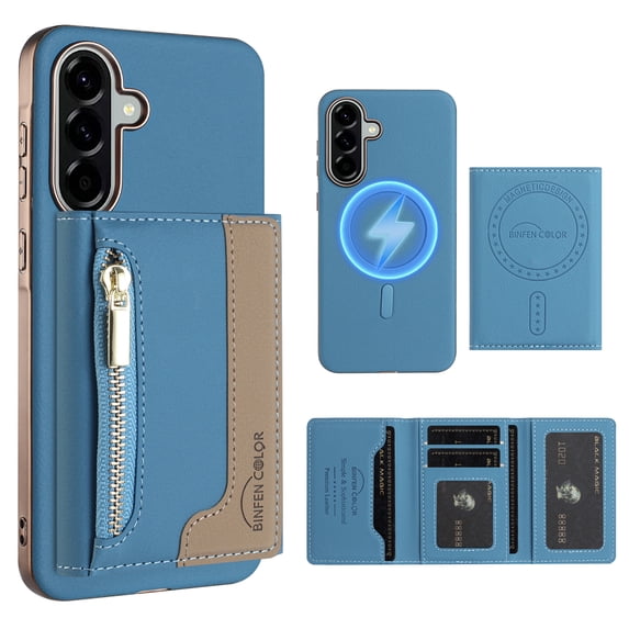 Dteck Magnetic Case for Samsung Galaxy A06 5G, 2 in 1 Wallet Case Detachable Card Holder, Compatible with MagSafe, Slim PU Leather RFID Blocking Credit Slots Zipper Pocket,Light Blue