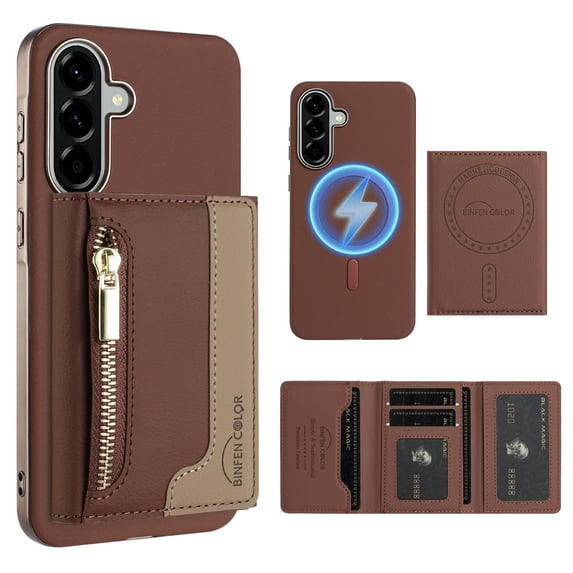 Dteck Magnetic Case for Samsung Galaxy A36 5G, 2 in 1 Wallet Case Detachable Card Holder, Compatible with MagSafe, Slim PU Leather RFID Blocking Credit Slots Zipper Pocket,Brown