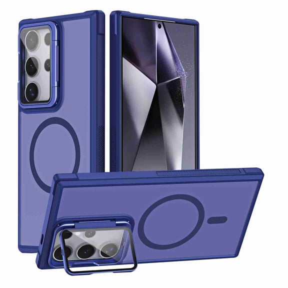 Dteck Magnetic Case for Samsung Galaxy S21 FE with Lens Kickstand, Shockproof TPU Acrylic Shockproof Back Lightweight Anti-Scratch Protective Wireless Charging Non-Slip Grip Support Cover, Blue