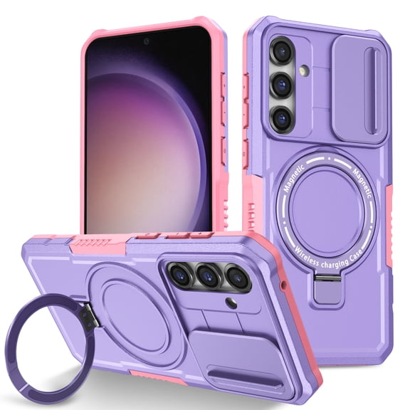 Dteck Magnetic Case for Samsung Galaxy S21 FE,Shockproof Silicone Case Compatible with MagSafe Slide Lens Protectio Ring Holder Kickstand Cover for Samsung Galaxy S21 FE,Purple