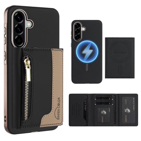 Dteck Magnetic Case for Samsung Galaxy S21 Plus / S21+ 5G 6.7", 2 in 1 Wallet Case Detachable Card Holder, Compatible with MagSafe, Slim PU Leather RFID Blocking Credit Slots Zipper Pocket,Black