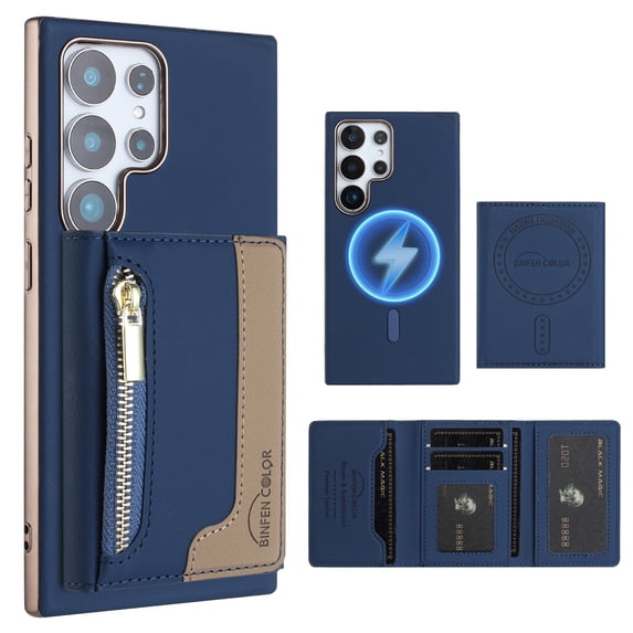 Dteck Magnetic Case for Samsung Galaxy S21 Ultra, 2 in 1 Wallet Case Detachable Card Holder, Compatible with MagSafe, Slim PU Leather RFID Blocking Credit Slots Zipper Pocket,Blue