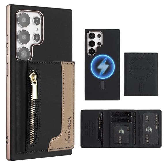 Dteck Magnetic Case for Samsung Galaxy S21 Ultra, 2 in 1 Wallet Case Detachable Card Holder, Compatible with MagSafe, Slim PU Leather RFID Blocking Credit Slots Zipper Pocket,Black