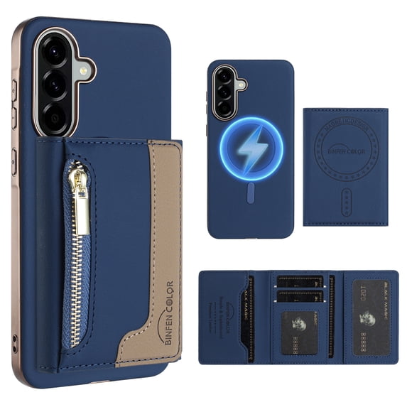 Dteck Magnetic Case for Samsung Galaxy S23 5G, 2 in 1 Wallet Case Detachable Card Holder, Compatible with MagSafe, Slim PU Leather RFID Blocking Credit Slots Zipper Pocket,Blue