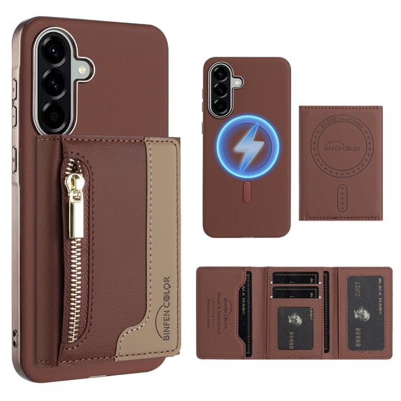 Dteck Magnetic Case for Samsung Galaxy S23 5G, 2 in 1 Wallet Case Detachable Card Holder, Compatible with MagSafe, Slim PU Leather RFID Blocking Credit Slots Zipper Pocket,Brown