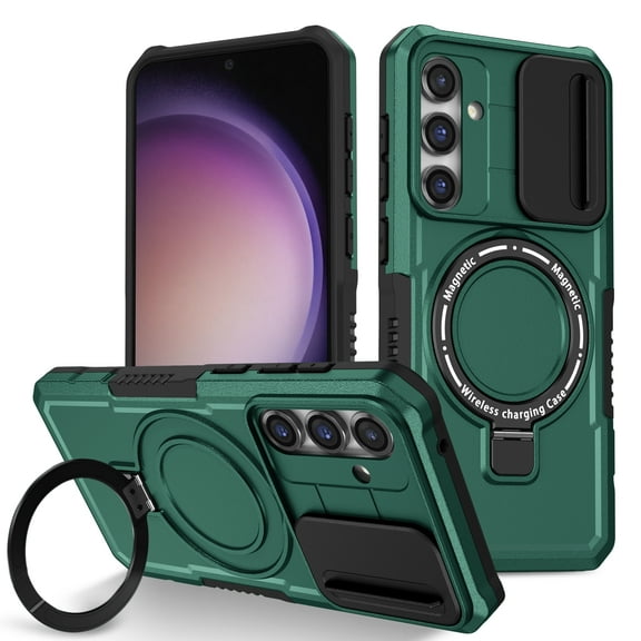 Dteck Magnetic Case for Samsung Galaxy S23,Shockproof Silicone Case Compatible with MagSafe Slide Lens Protectio Ring Holder Kickstand Cover for Samsung Galaxy S23,Darkgreen