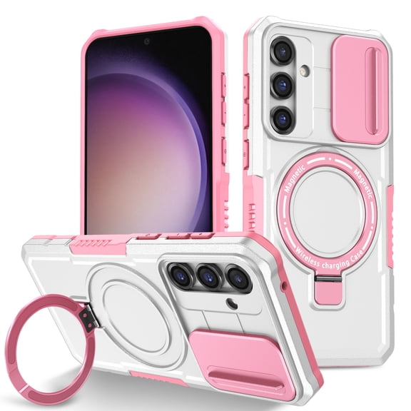 Dteck Magnetic Case for Samsung Galaxy S24 FE,Shockproof Silicone Case Compatible with MagSafe Slide Lens Protectio Ring Holder Kickstand Cover for Samsung Galaxy S24 FE,White/Pink