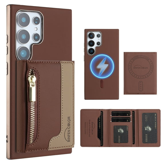 Dteck Magnetic Case for Samsung Galaxy S24 Ultra, 2 in 1 Wallet Case Detachable Card Holder, Compatible with MagSafe, Slim PU Leather RFID Blocking Credit Slots Zipper Pocket,Brown