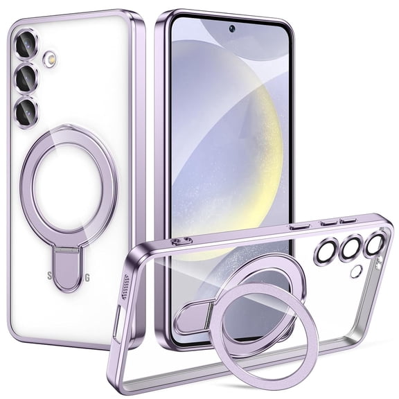 Dteck Magnetic Case for Samsung Galaxy S25 Compatible with MagSafe TPU+PC Clear Back Case with Camera Lens Protector Kickstand Anti-Scratch Shockproof Electroplated Cover,Lavender