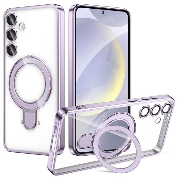 Dteck Magnetic Case for Samsung Galaxy S25 Compatible with MagSafe TPU+PC Clear Back Case with Camera Lens Protector Kickstand Anti-Scratch Shockproof Electroplated Cover,Lavender