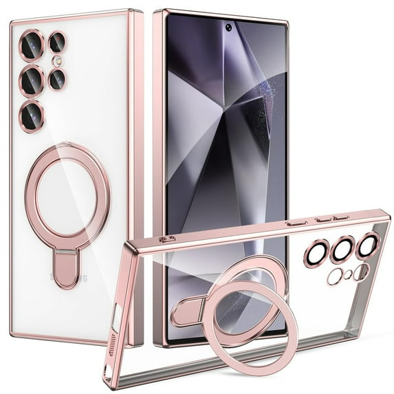 Dteck Magnetic Case for Samsung Galaxy S25 Compatible with MagSafe TPU+PC Clear Back Case with Camera Lens Protector Kickstand Anti-Scratch Shockproof Electroplated Cover,Rosegold