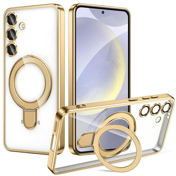 Dteck Magnetic Case for Samsung Galaxy S25 Plus Compatible with MagSafe TPU+PC Clear Back Case with Camera Lens Protector Kickstand Anti-Scratch Shockproof Electroplated Cover,Gold