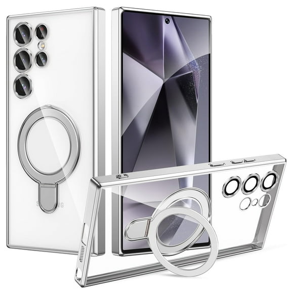 Dteck Magnetic Case for Samsung Galaxy S25 Plus Compatible with MagSafe TPU+PC Clear Back Case with Camera Lens Protector Kickstand Anti-Scratch Shockproof Electroplated Cover,Silver
