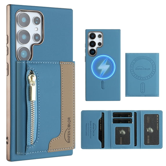 Dteck Magnetic Case for Samsung Galaxy S25 Ultra, 2 in 1 Wallet Case Detachable Card Holder, Compatible with MagSafe, Slim PU Leather RFID Blocking Credit Slots Zipper Pocket,Light Blue