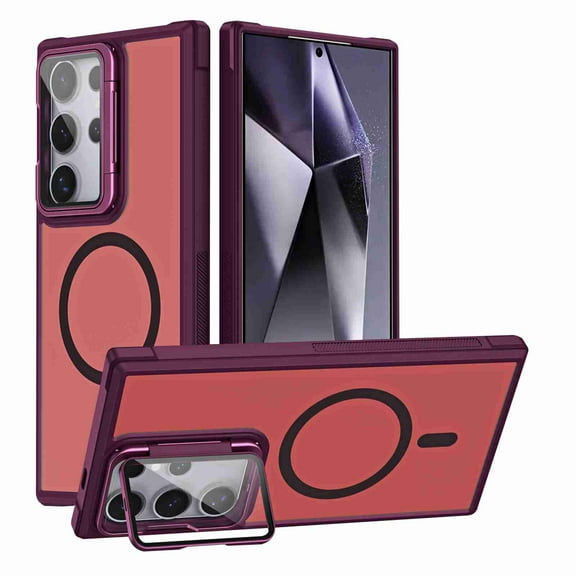 Dteck Magnetic Case for Samsung Galaxy S25 Ultra with Lens Kickstand, Shockproof TPU Acrylic Shockproof Back Lightweight Anti-Scratch Protective Wireless Charging Non-Slip Grip Support Cover, Winered