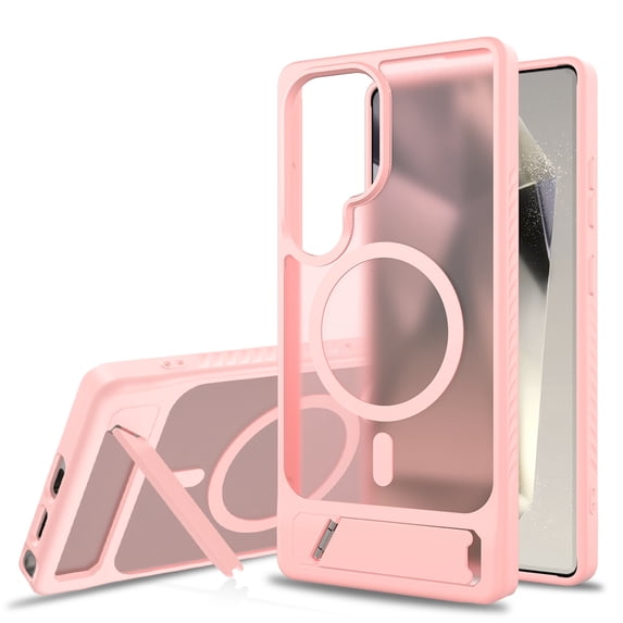 Dteck Magnetic Case for Samsung Galaxy S25 Ultra,Shockproof TPU+PC Anti-Slip Compatible with Mag Safe Case Adjustable Kickstand Frosted Translucent Matte Phone Cover,Pink