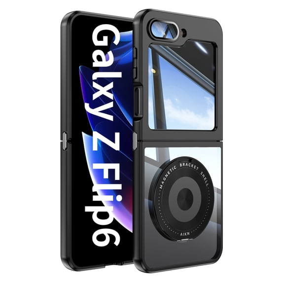 Dteck Magnetic Case for Samsung Galaxy Z Flip 6, Compatible with MagSafe, Military Grade Shockproof Samsung Z Flip 6 Phone Case with Magnetic Ring Kickstand Full Camera Lens Protector,Black