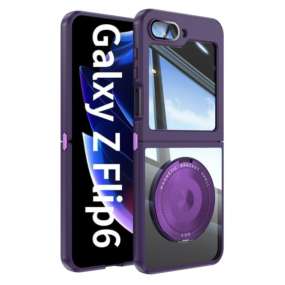 Dteck Magnetic Case for Samsung Galaxy Z Flip 6, Compatible with MagSafe, Military Grade Shockproof Samsung Z Flip 6 Phone Case with Magnetic Ring Kickstand Full Camera Lens Protector,Purple